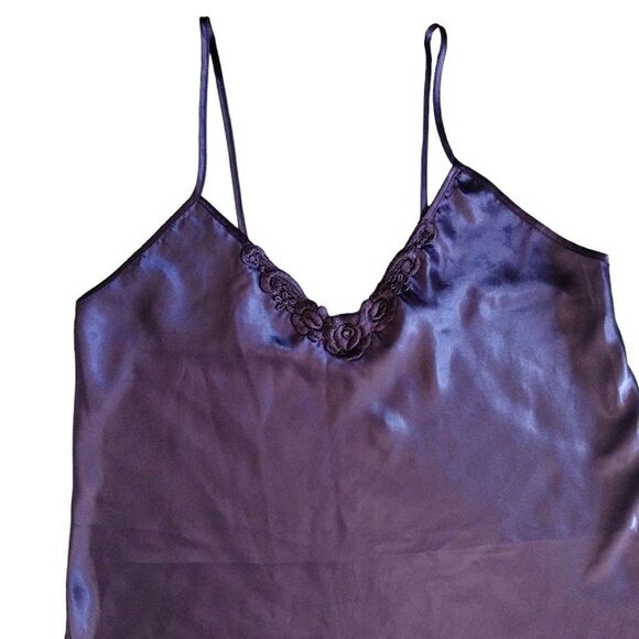 Vintage 80s Purple Satin Floral Applique Chemise Mini Slip Dress Medium - Picture 7 of 16